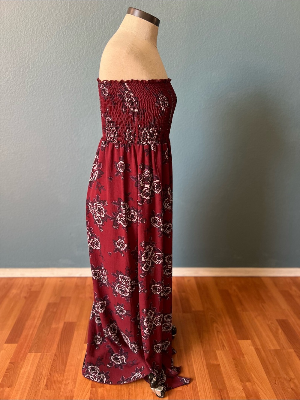 Miley & Molly Women’s Smocked Strapless Maxi Dress in Burgundy Floral front slit - Picture 7 of 8